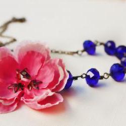 Blue necklace, cherry blossom, assymetrical necklace
