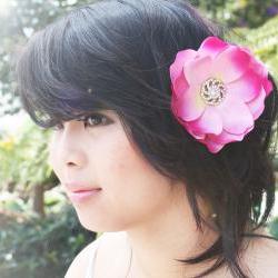pink flower clip, magnolia hair clip, wedding hair clip, bridesmaid hair, prom hair clip, rhinestone hair clip