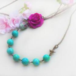 owl necklace, pink rose necklace, teal necklace, rose cabochon necklace