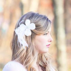 Love Song - Dogwood flower hair clip, bridal hair clip, ostrish feather hair clip
